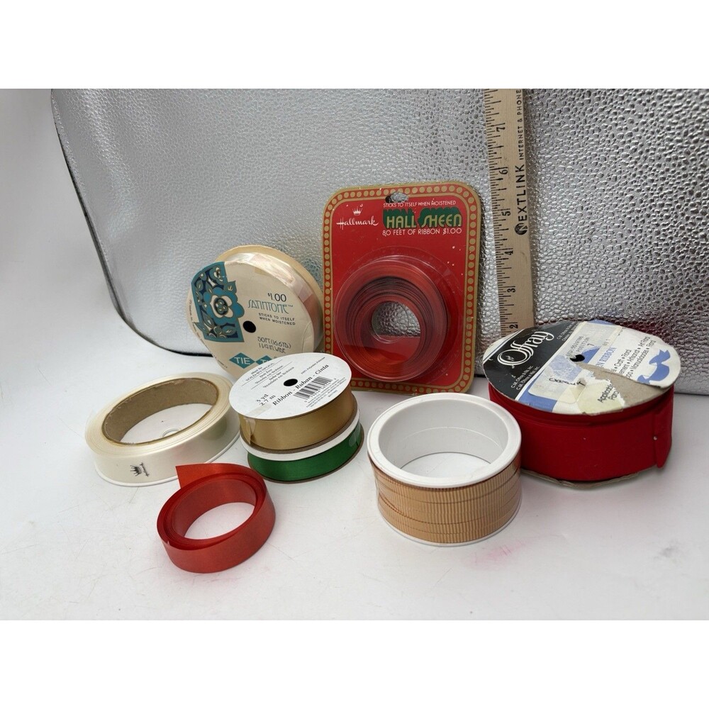 Vintage Ribbon Lot 8 Spools Hallmark Offray Red Green Gold Gift Wrap Craft